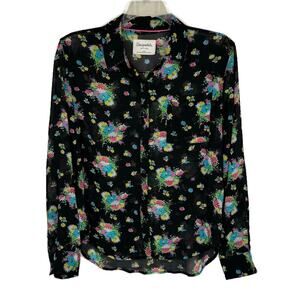 Aeropostale Black‎ Rainbow Floral Button Down Eclectic Collared Shirt Top Sz XL